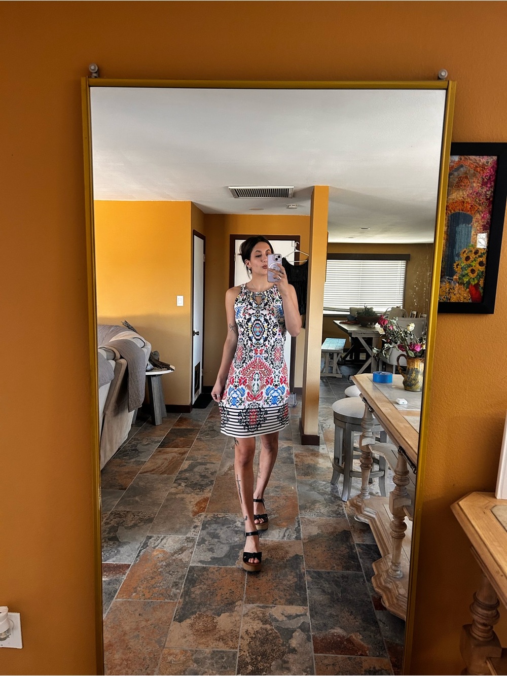 S.L.E. Printed Shift Dress Size XS Multicolor Sleeveless Keyhole Neck